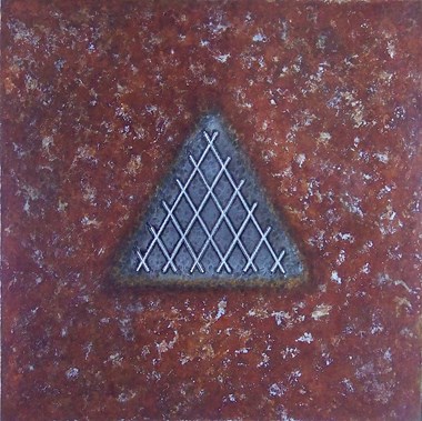 «Utan tittel», 24 x 24 x 2 cm, rustpatinert stål med innlagt sølvtråd i Damascene-teknikk
(SOLGT)