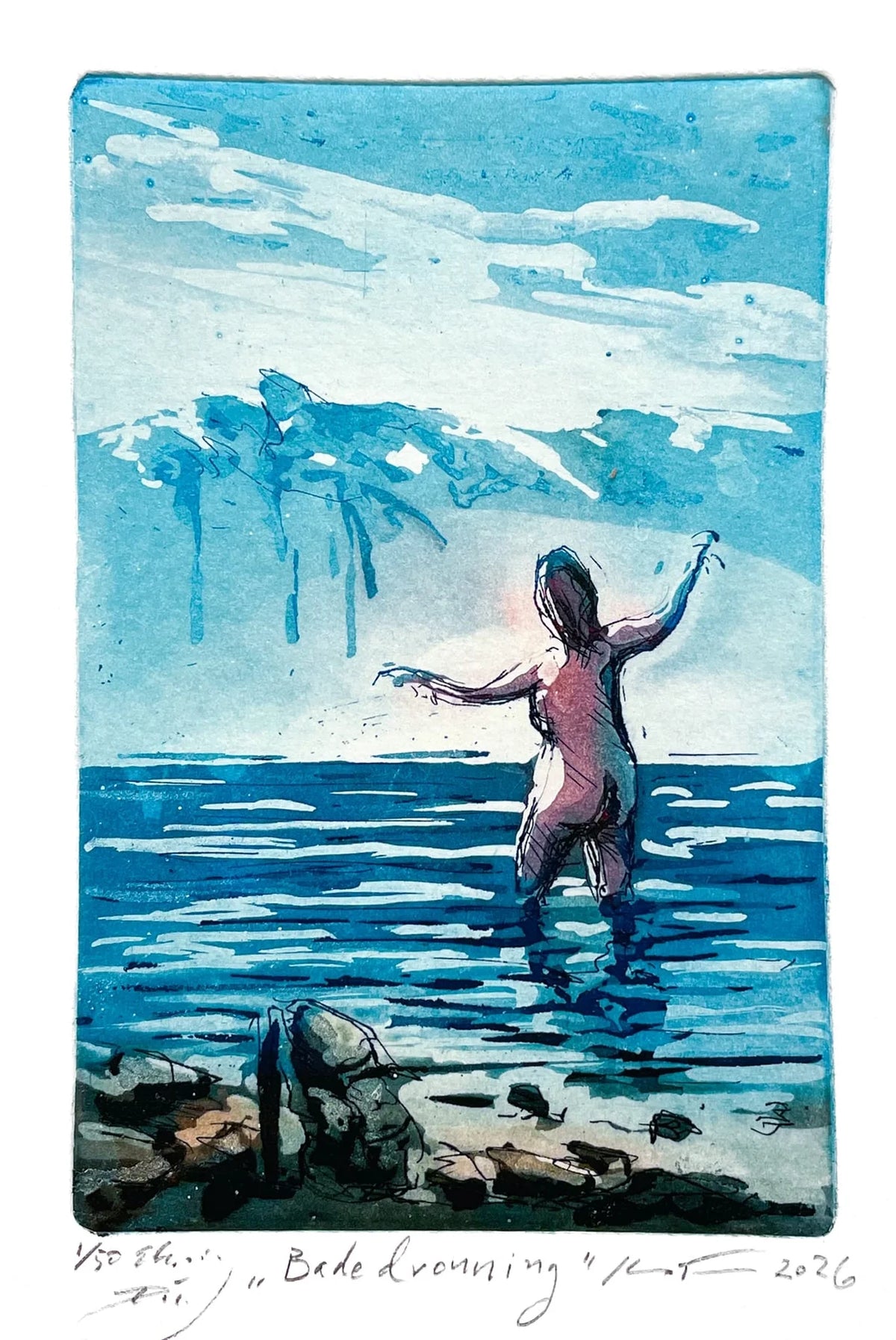 Badedronning, etsning av Kristian Finborud, 10 x 15 cm motiv (21 x 28 cm ark)