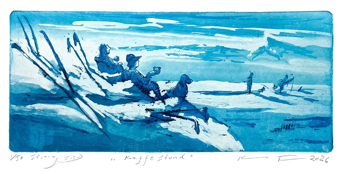 Kaffestund, etsning av Kristian Finborud, 21,5 x 9,5 cm motiv (33 x 21 cm ark)
