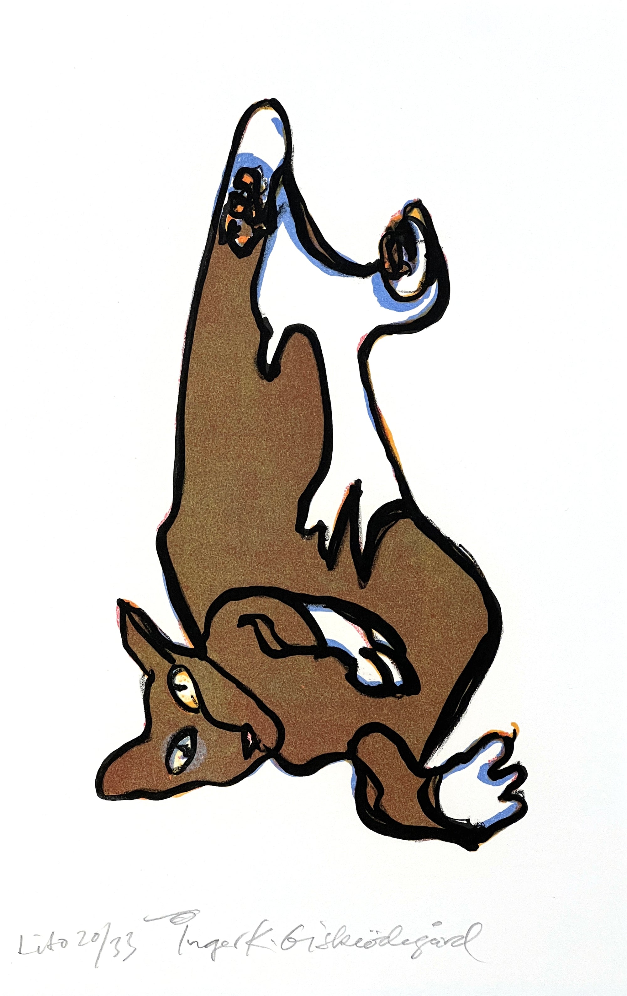Katt (brun), litografi av Inger K. Giskeødegård, 18 x 29 cm (ark)