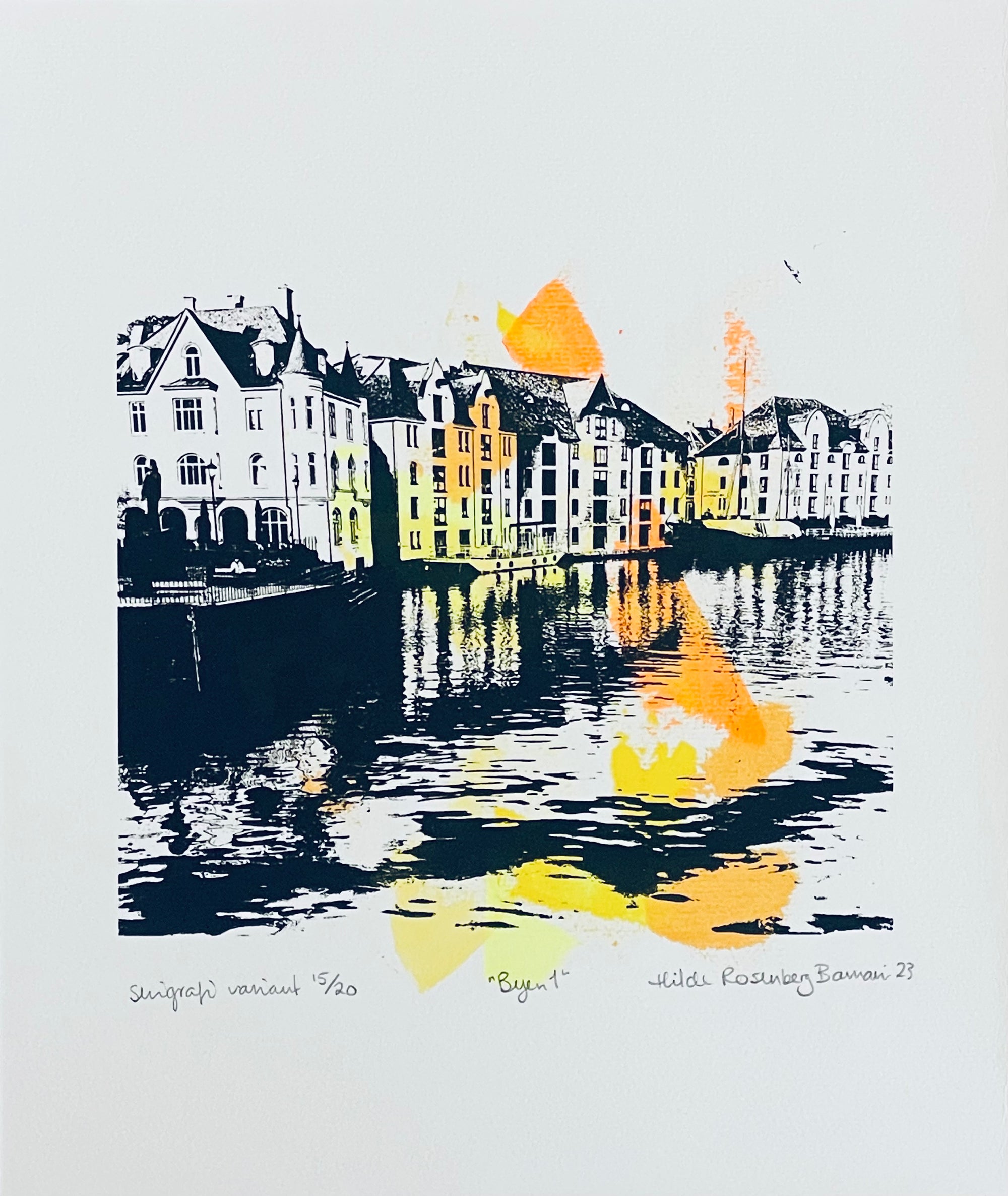 Byen 1 (15/20), silketrykk / serigrafi av Hilde Rosenberg Bamarni, 19 x 18 cm