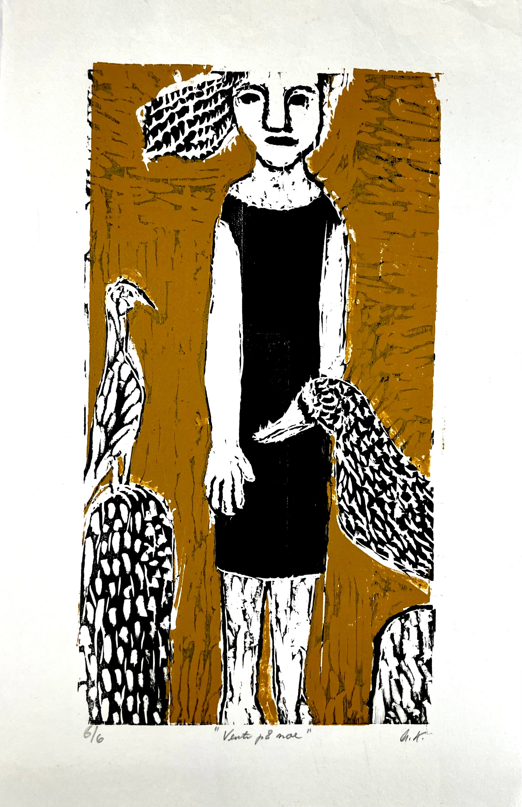 Vente på noe, tresnitt av Anne Kampmann, 22,5 x 42 motiv (33,5 x 51 cm ark)
