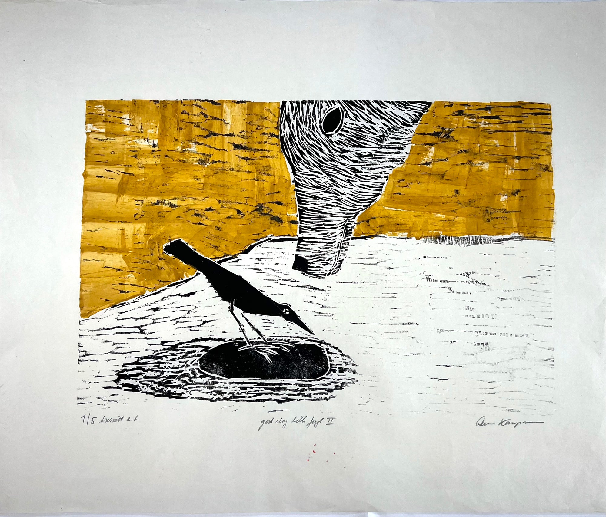 God dag lille fugl II, tresnitt av Anne Kampmann, 58 x 39,5 cm motiv (76 x 62 cm ark)