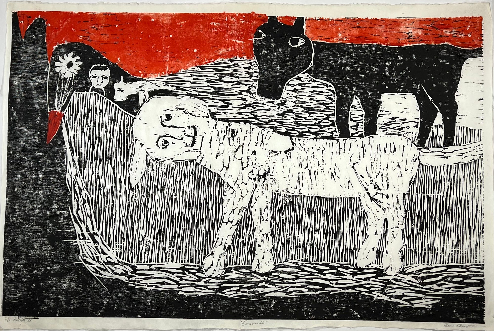Omvendt, tresnitt av Anne Kampmann, 96 x 64,5 cm (ark)