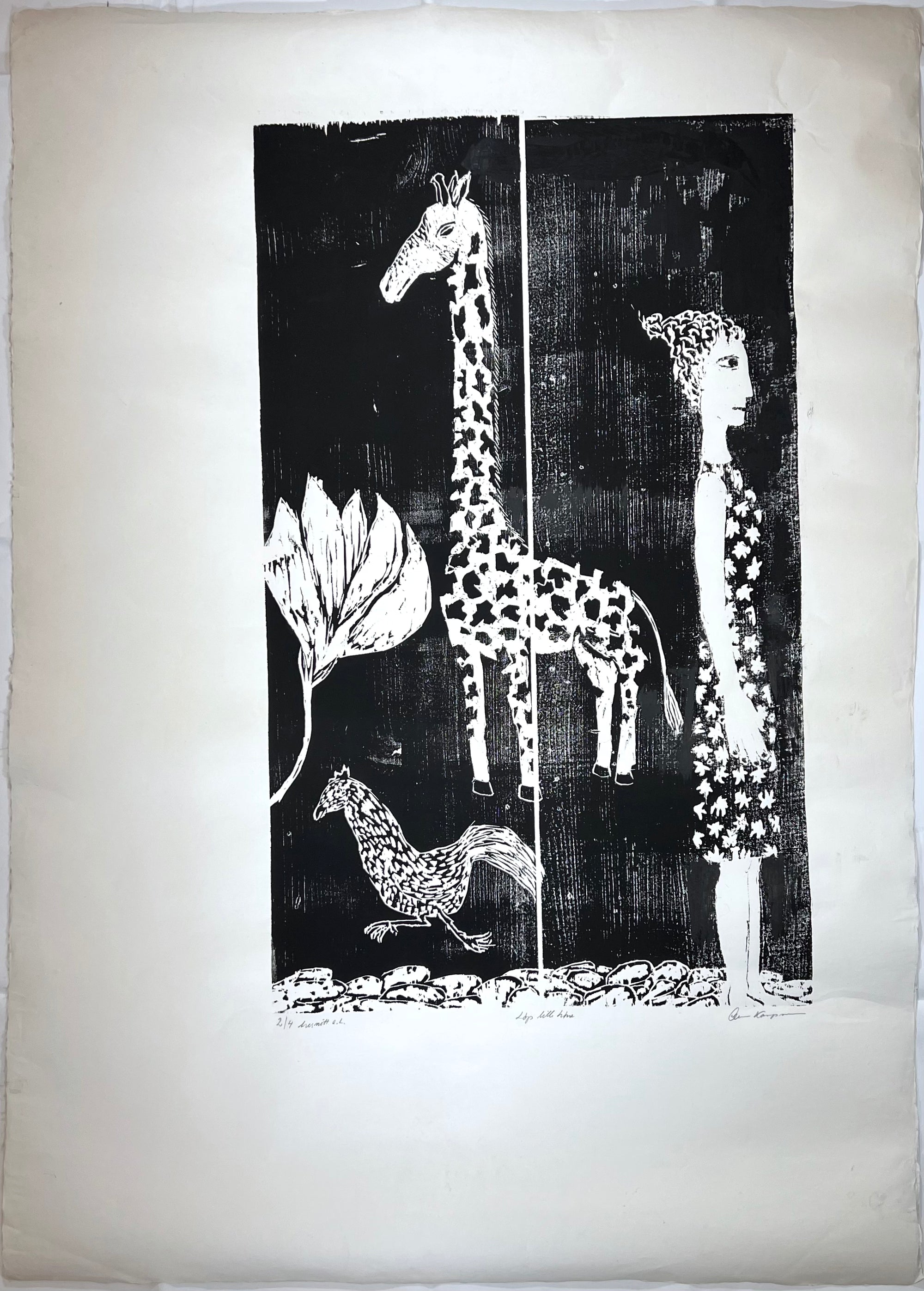 Løp lille høne, tresnitt av Anne Kampmann, 59,5 x 100 cm motiva (100,5 x 141 cm ark)