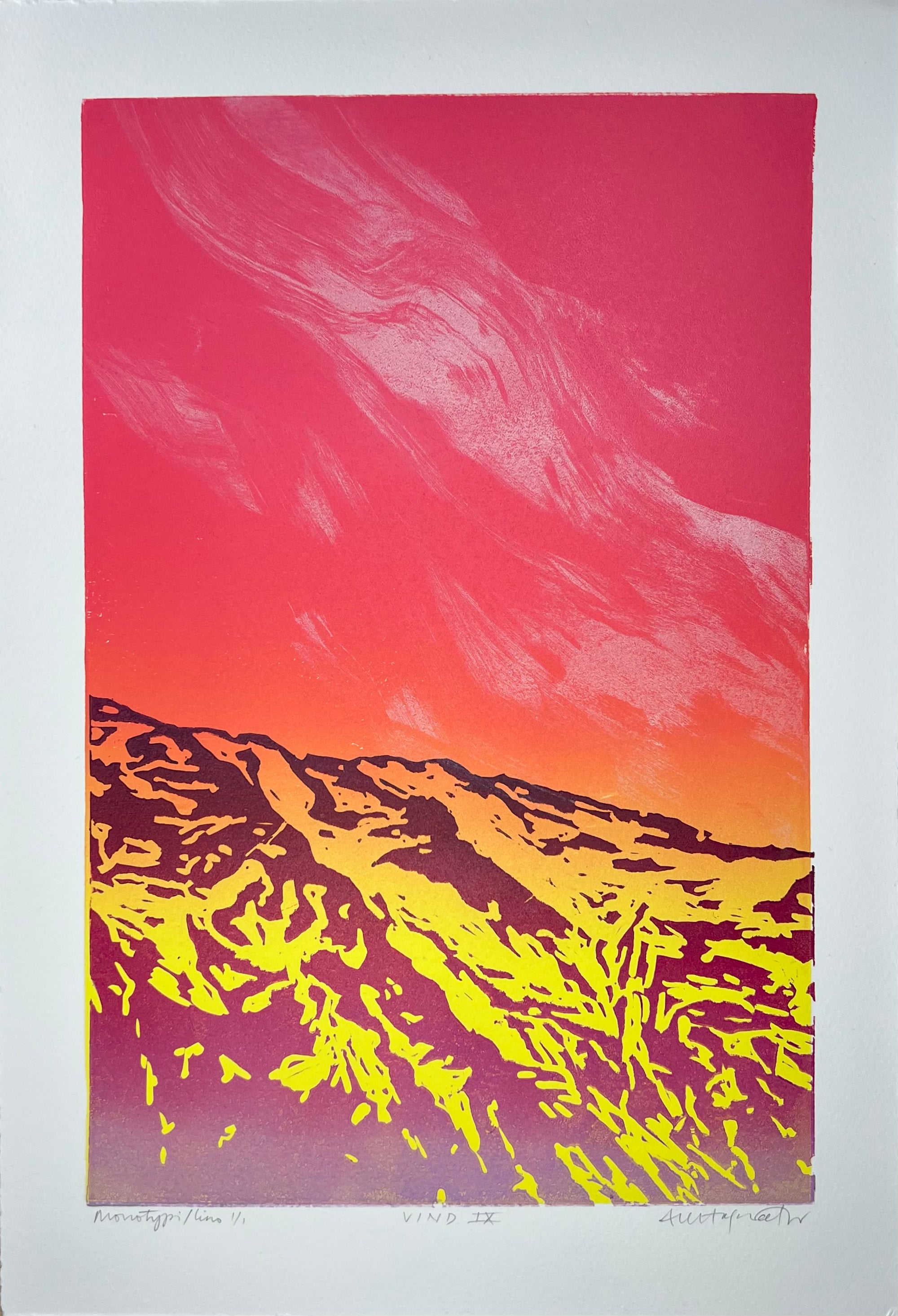 Vind IX, monotypi, linosnitt av Anne Kristin Hagesæther, 20,5 x 30,5 cm motiv ( 25 x 37 cm ark)