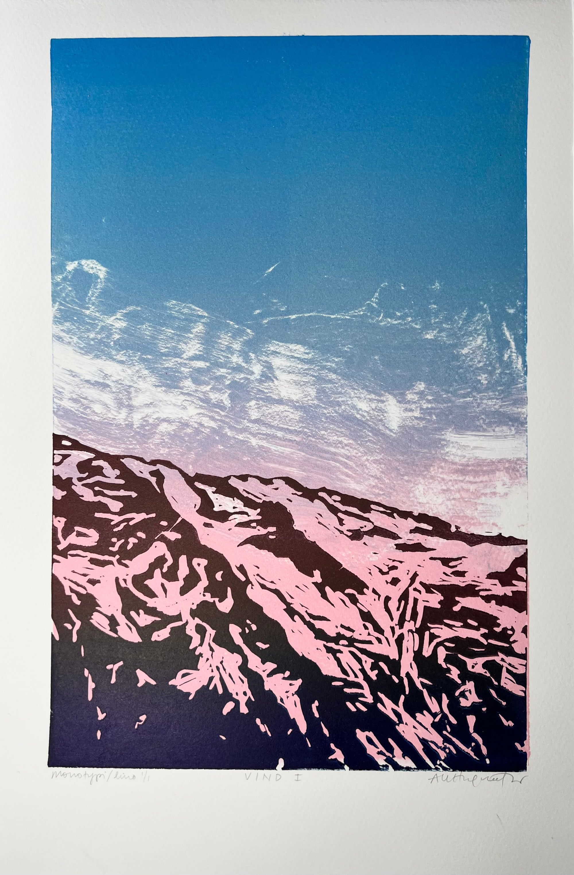 Vind I, monotypi, linosnitt av Anne Kristin Hagesæther, 20 x 31 cm motiv ( 25 x 38 cm ark)