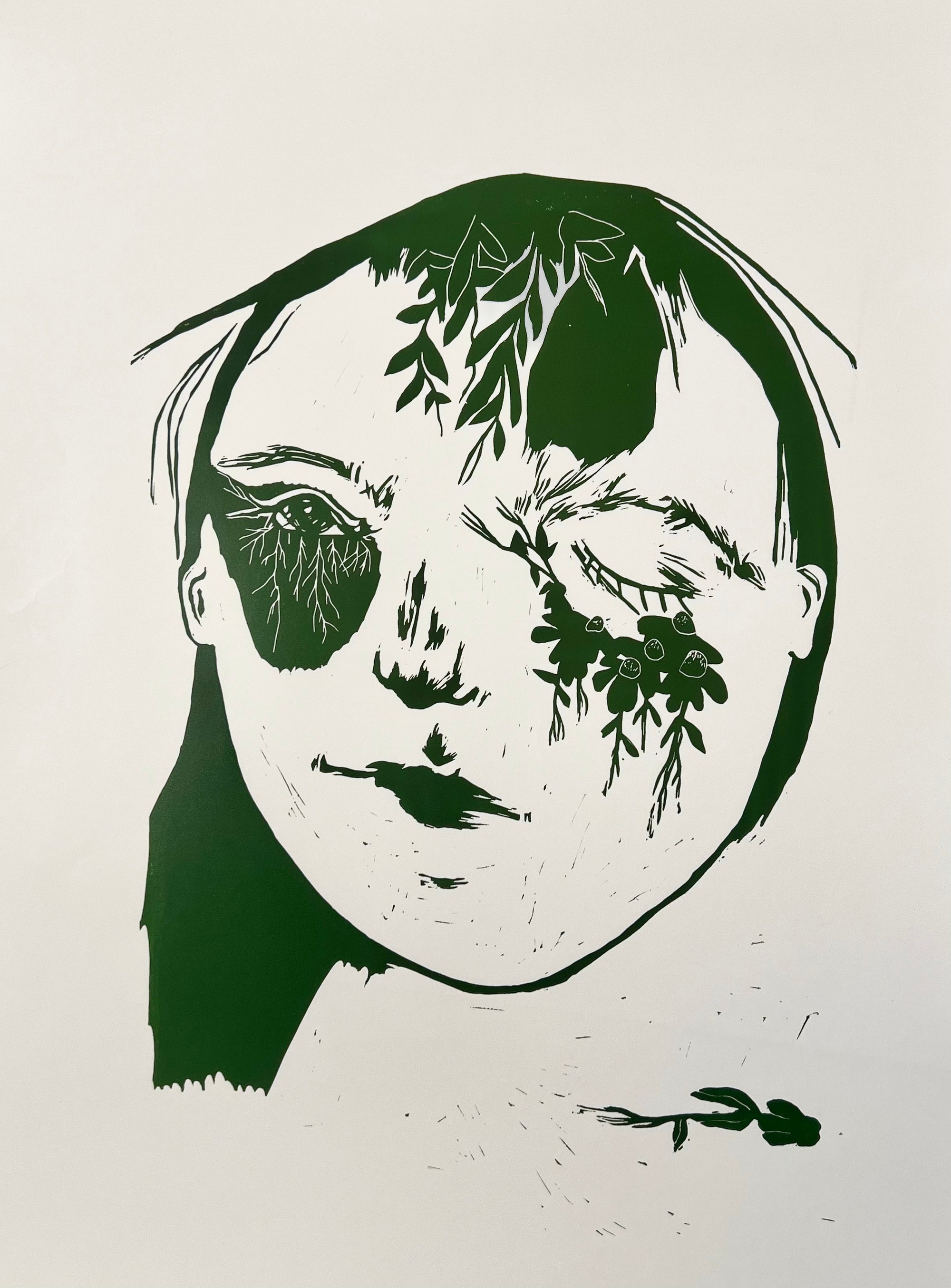 Rest, linosnitt av Embla Øverbye, 34 x 47 cm (ark)