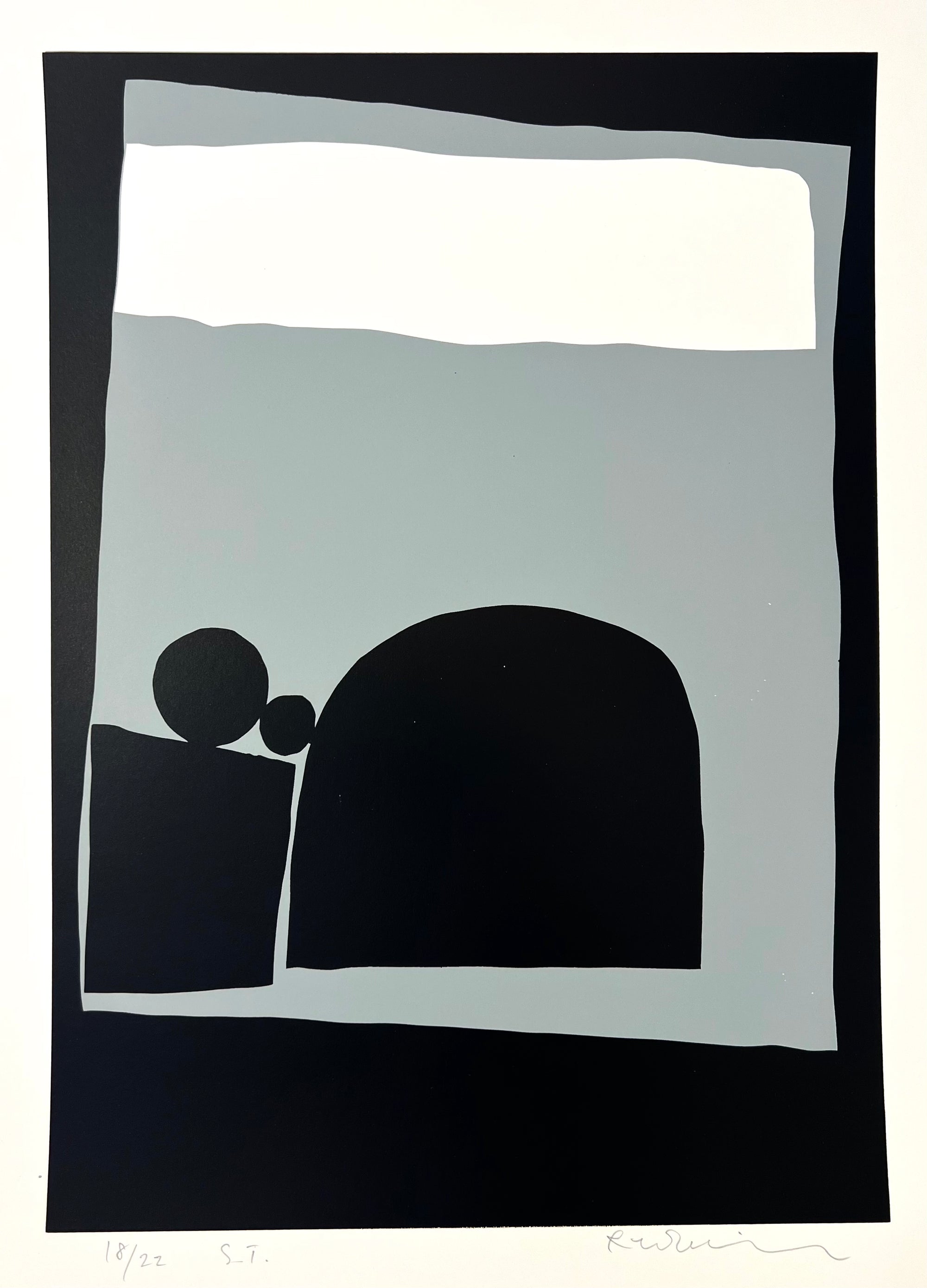 Far og son ser berg, silketrykk / serigrafi av Arne Revheim, 32 x 45 cm motiv (46 x 64 cm ark)