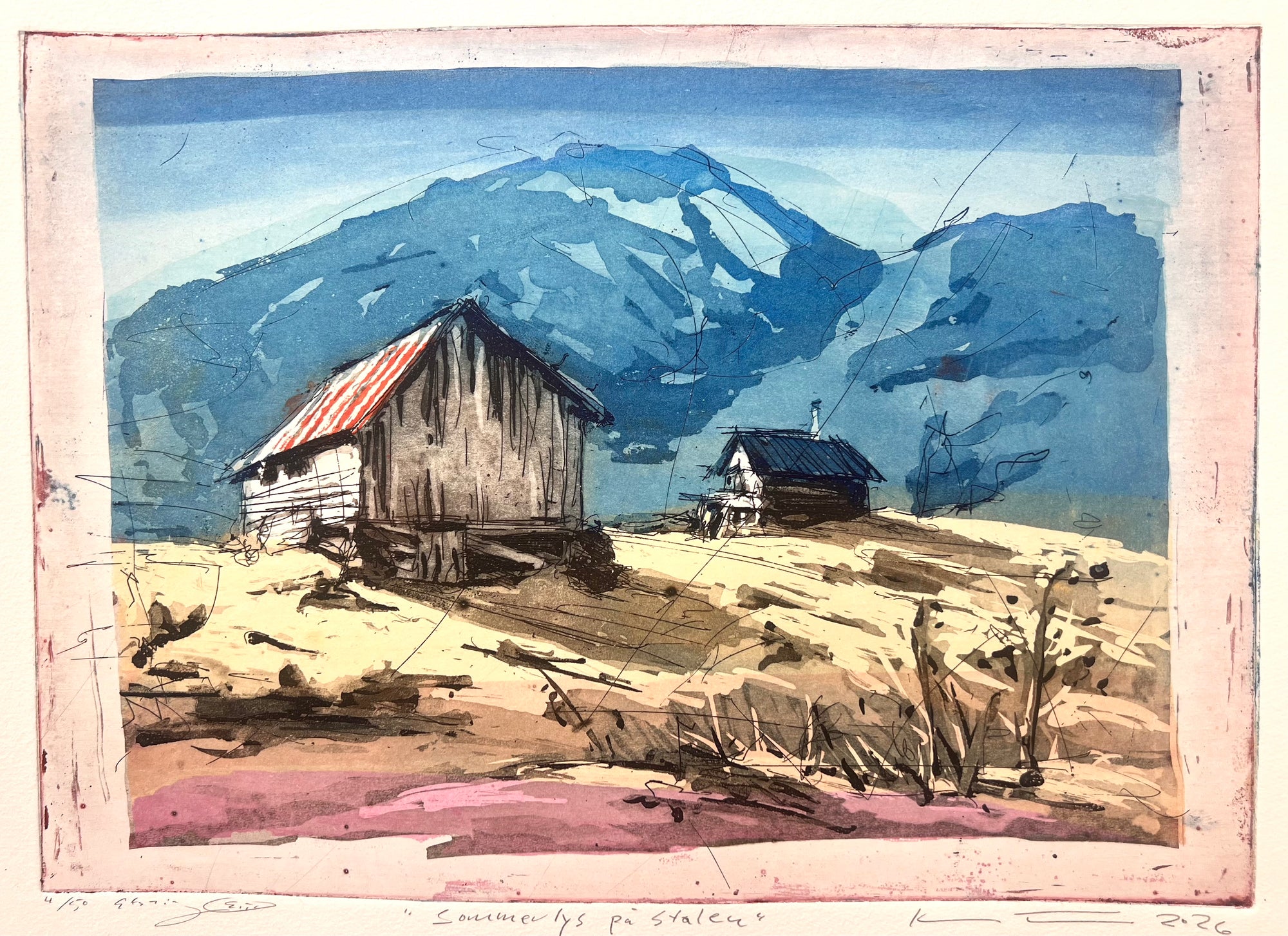 Sommerlys på stølen, etsning av Kristian Finborud, 34,5 x 25 cm motiv (44 x 33 cm ark)