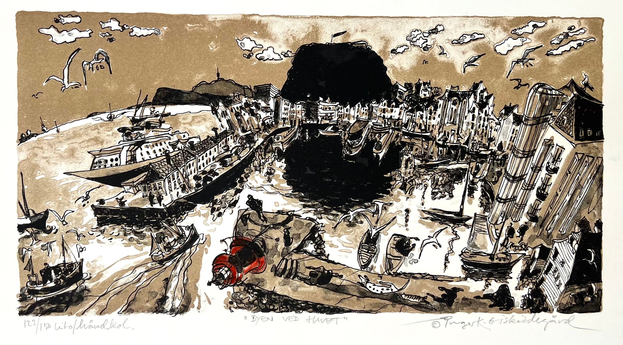 Byen ved havet, litografi av Inger K. Giskeødegård, 41 x 21 cm motiv (50,5 x 28,5 cm ark)