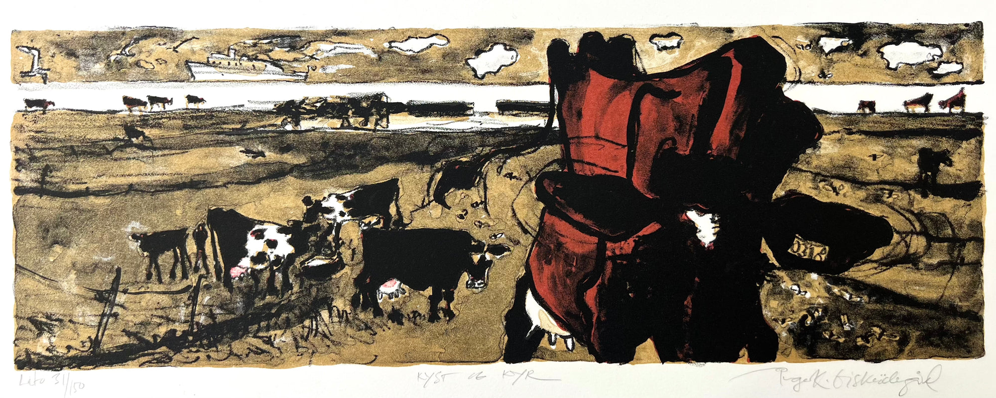 Kyst og kyr, litografi av Inger K. Giskeødegård, 43 x 15 cm motiv (50,5 x 21,5 cm ark)