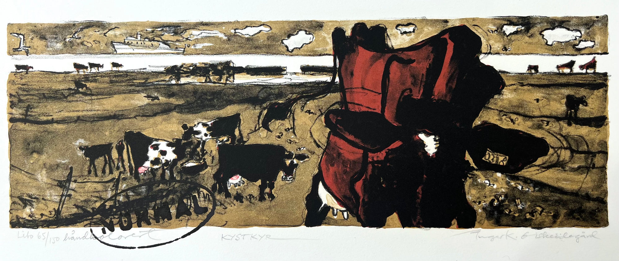 Kyst og kyr, litografi av Inger K. Giskeødegård, 43 x 15 cm motiv (50,5 x 21,5 cm ark)