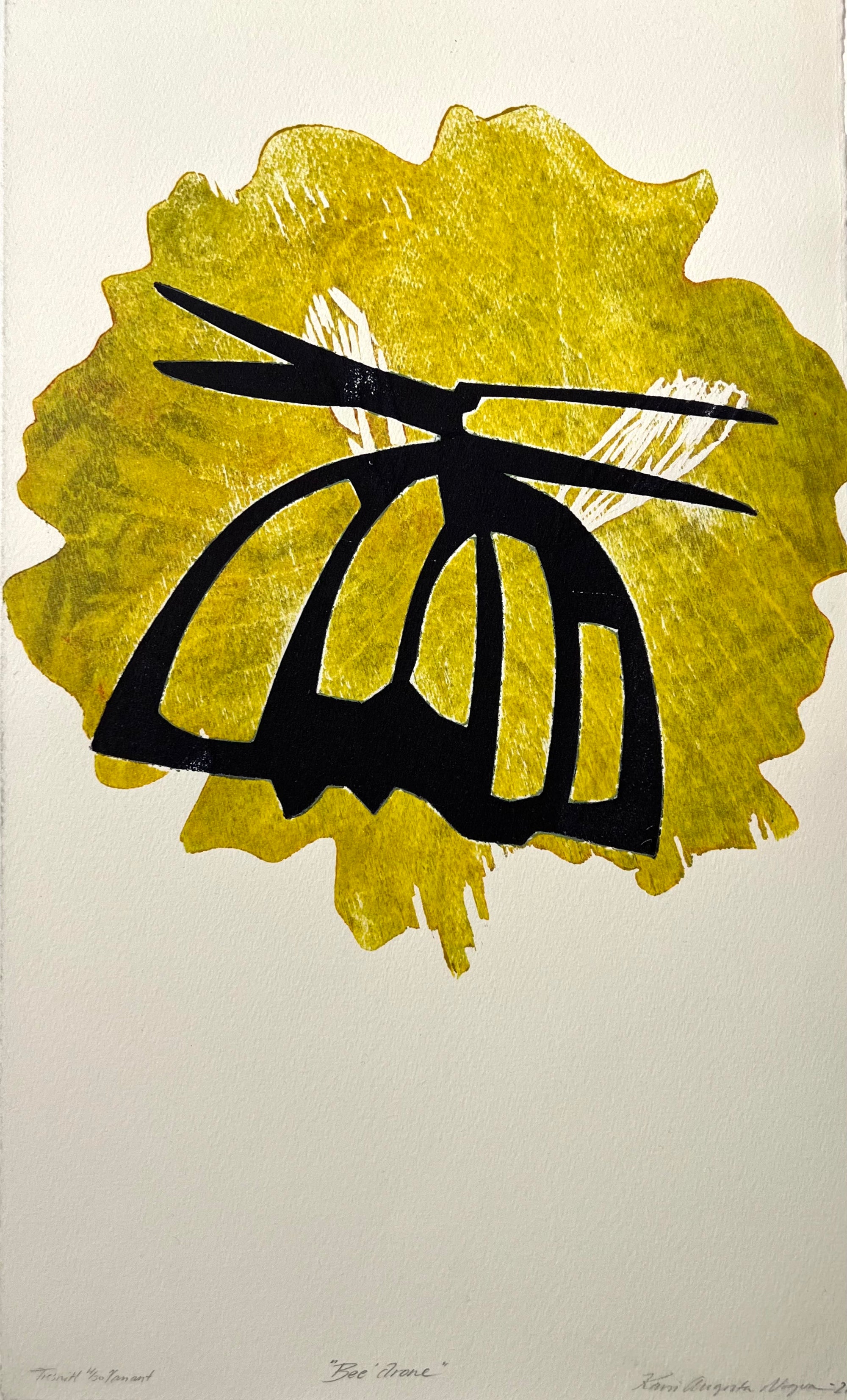 Bee Drone (gul), tresnitt av Karin Augusta Nogva, 23,5 x 38 cm (ark)