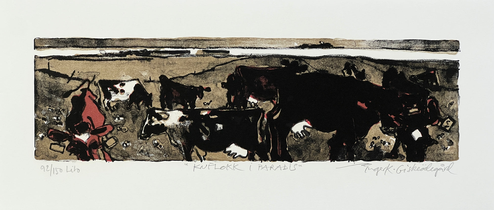 Kuflokk i paradis, litografi av Inger K. Giskeødegård, 30 x 18,5 cm (motiv) 35 x 15 cm (ark)