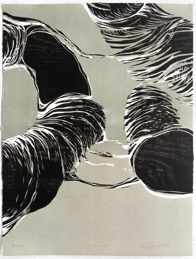 Veien hjem III, tresnitt av Mia Gjerdrum Helgesen, 53 x 70,5 cm (arkformat)