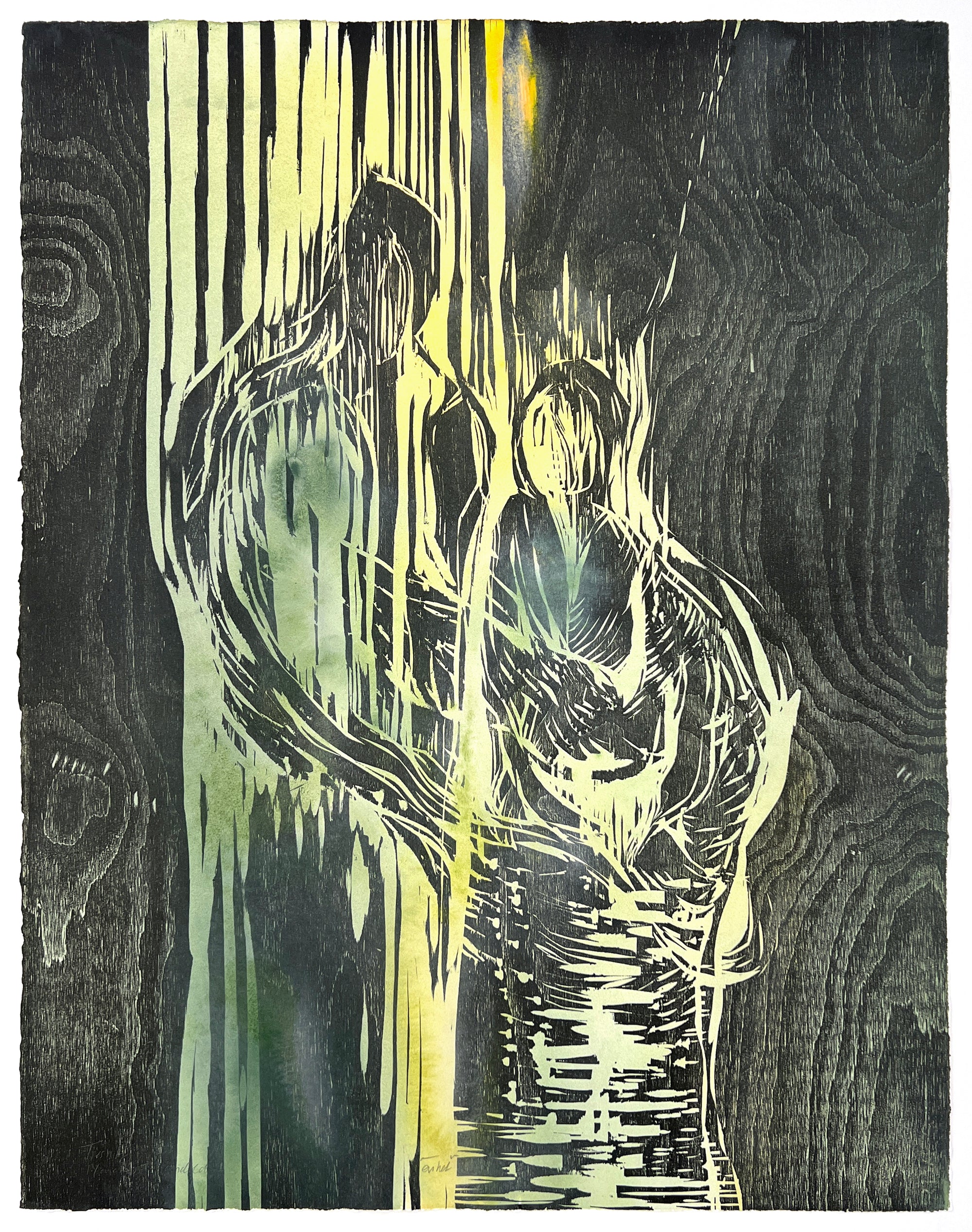 Enhet (grønn), tresnitt av Mia Gjerdrum Helgesen, 53 x 69 cm (arkformat)
