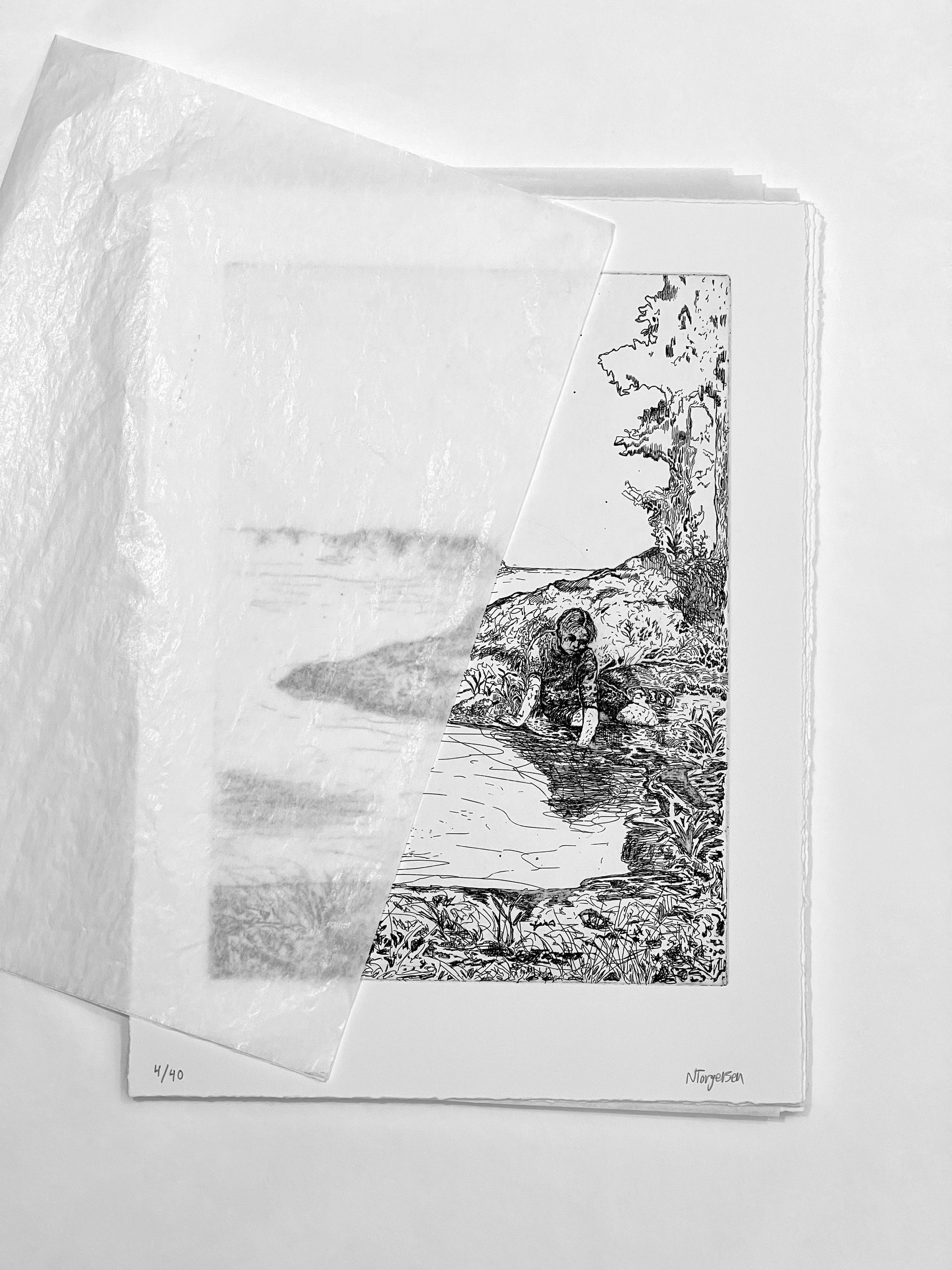 Untitled (touching water), 2025, etsning av Nikolai Torgersen, 37 x 27 cm