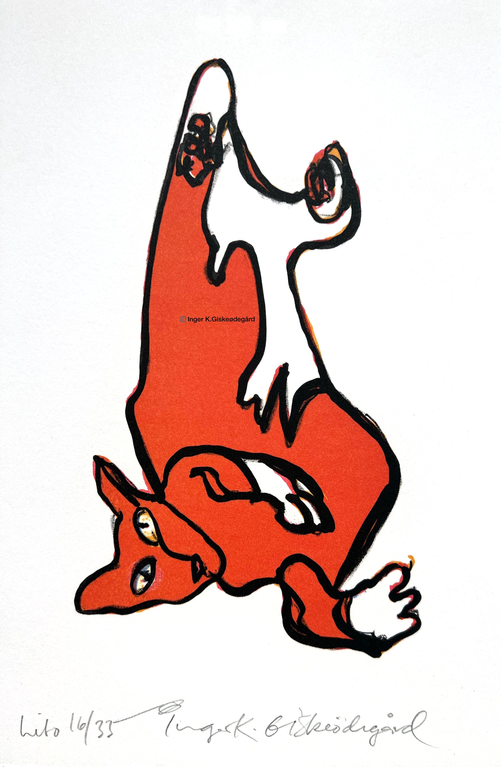 Katt (oransje), litografi av Inger K. Giskeødegård, 18 x 29 cm (ark)