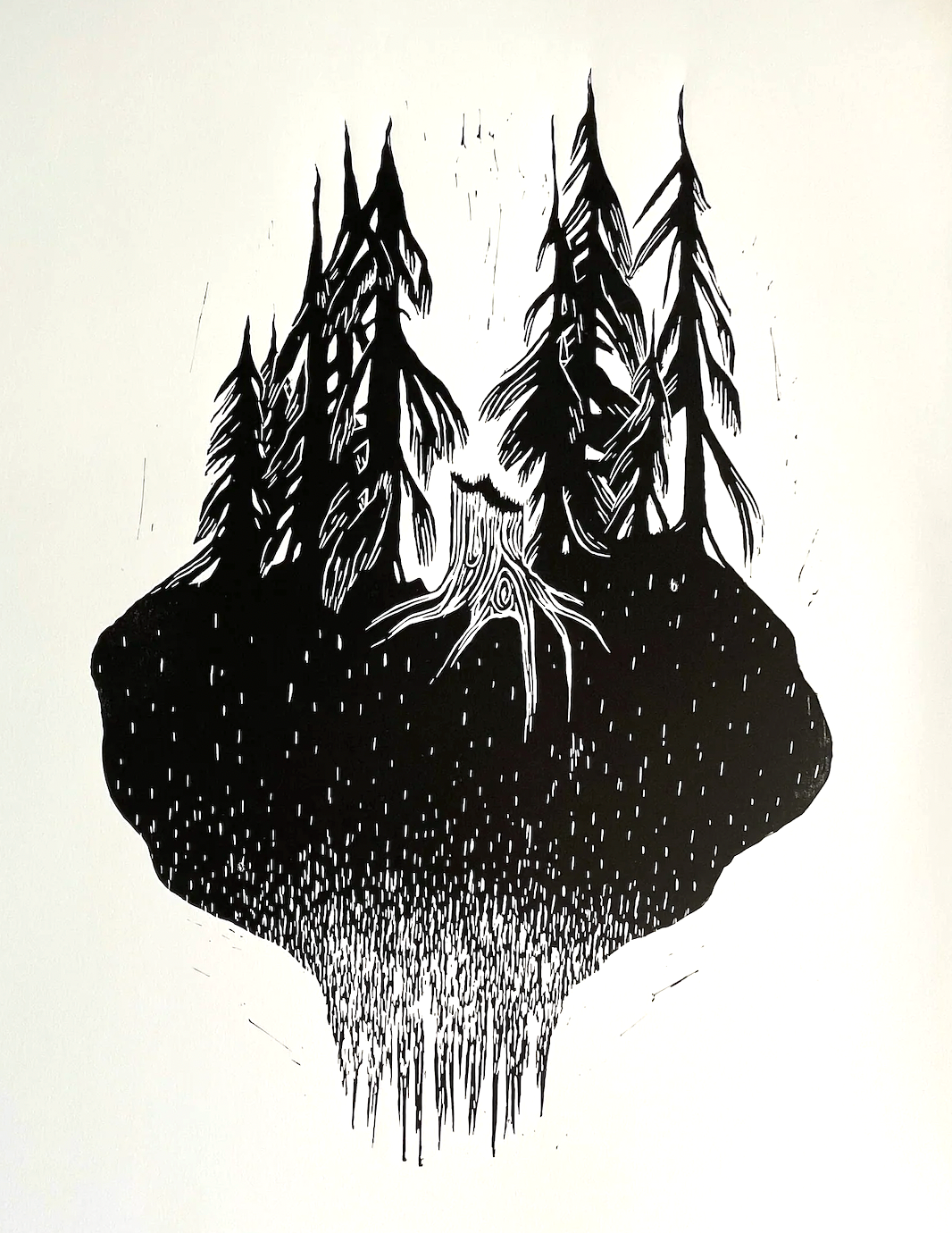 Det hemmelige stedet, linosnitt av Embla Øverbye, 27,5 x 36 cm (ark)