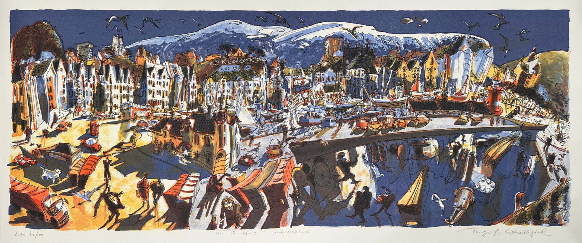 Til Ålesund i måneskinn, litografi av Inger K. Giskeødegård, 75 x 29 cm (motiv) 80 x 35 cm (ark)