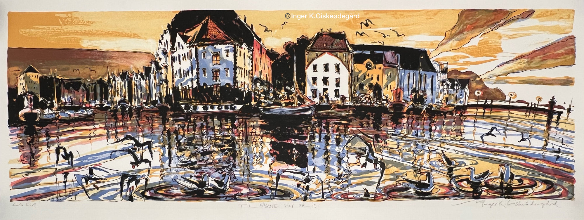 Til måsane sin pris, litografi av Inger K. Giskeødegård, 85 x 28,5 cm (motiv) 90,5 x 34,5 cm (ark)