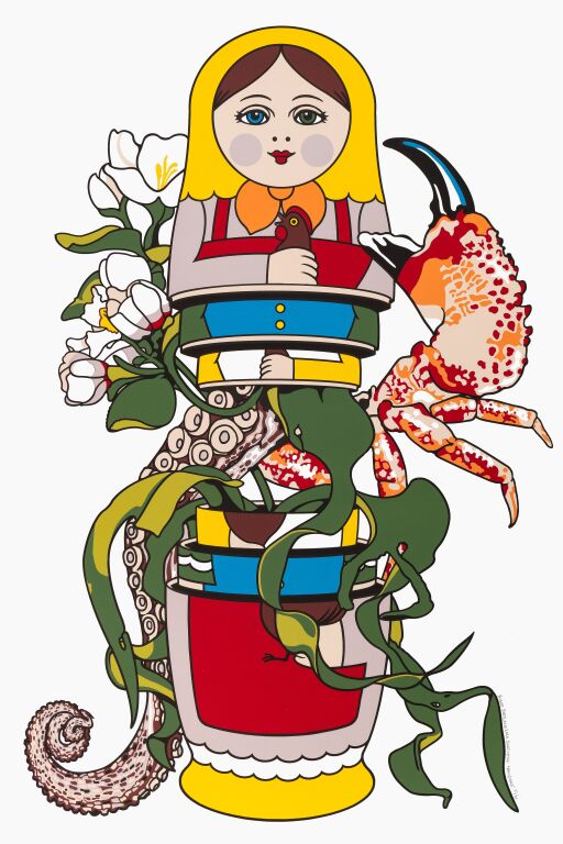 Pandora (m/ramme kr 5.000), silketrykk / serigrafi av Yngve Sortland, 75 x 110 cm (motiv)