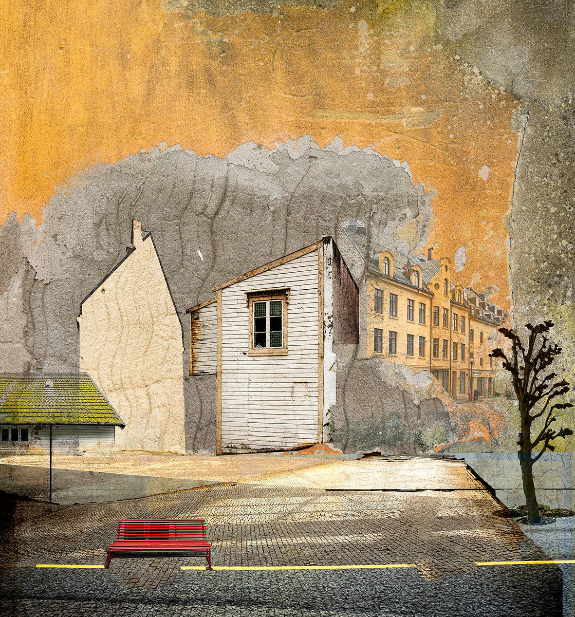 Rød benk på gul stripe