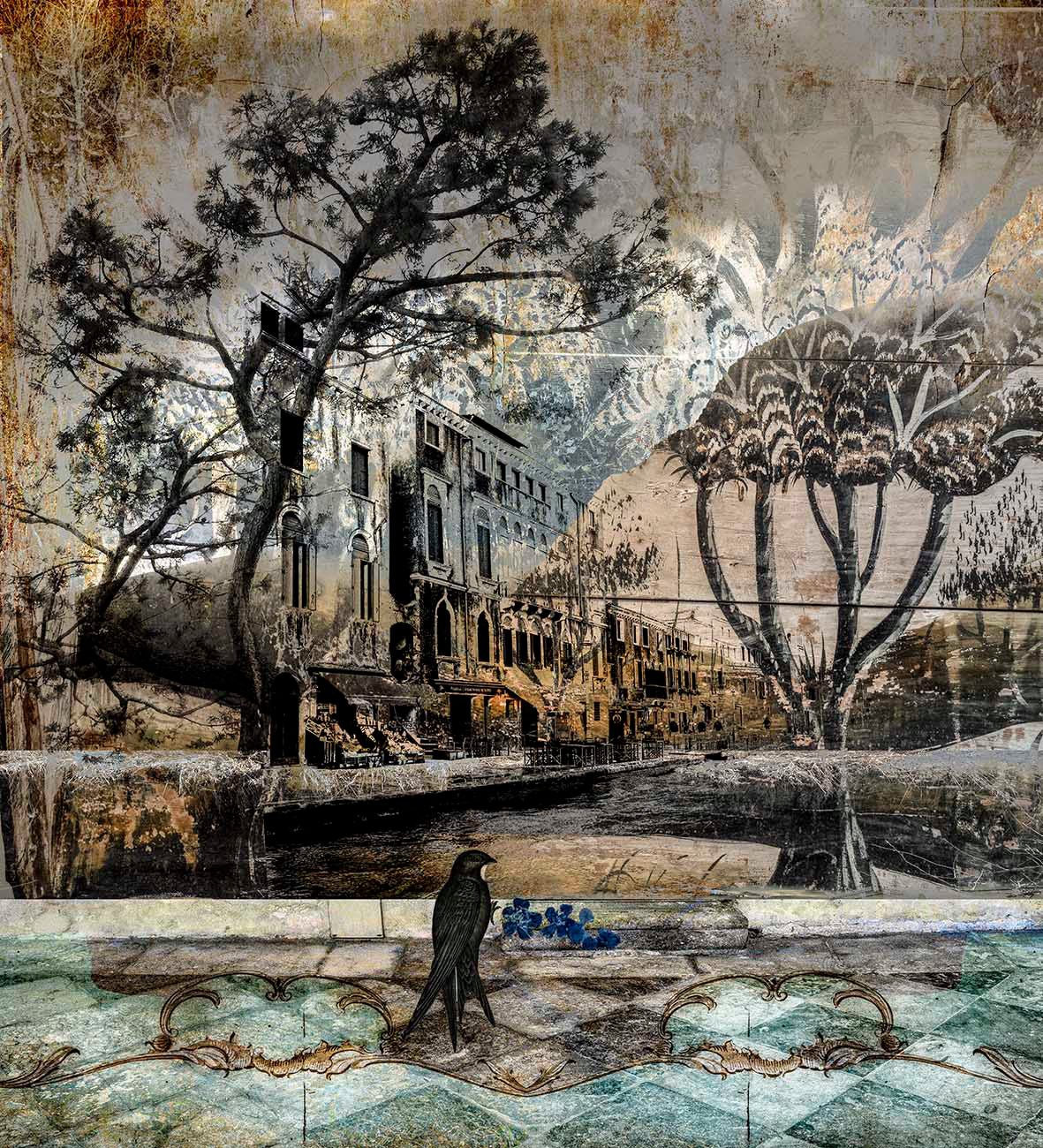 Fuglen med blå blomst