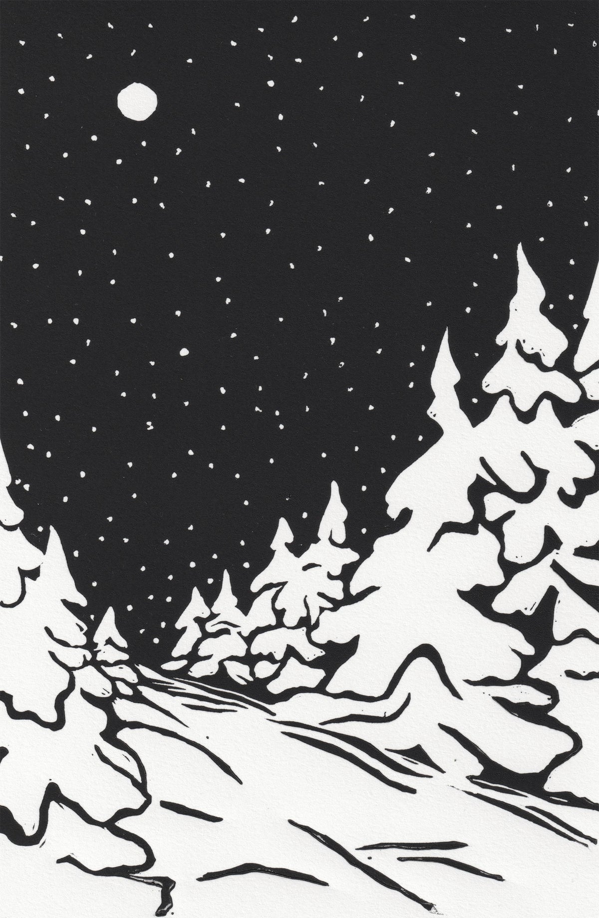 Vinternatt, linosnitt av Embla Øverbye, 16 x 23,5 cm (ark)