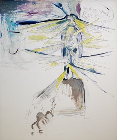 Bjarne Melgaard. (f. 1967) «Lightbulb man 2 rules» 1998. Oil on canvas. 125 x 105 cm. 