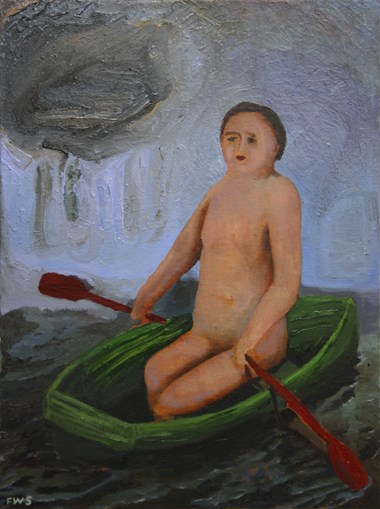  Fredrik Wiig Sørensen «Ship of fools» .Olje på lerret. 43 x 33 cm.  Pris: 5.000