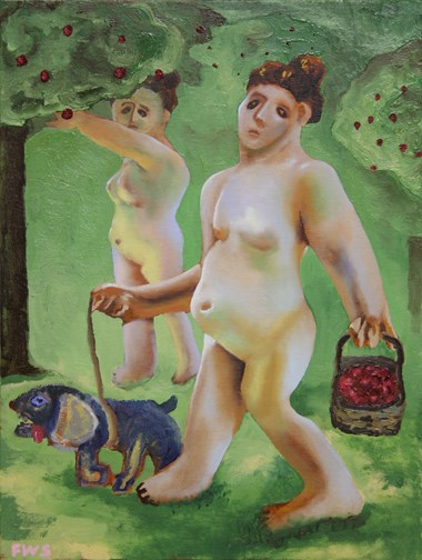 Fredrik Wiig Sørensen «A dog accompanied by two nudes» Olje på lerret. 43 x 33 cm. Pris: 5.000