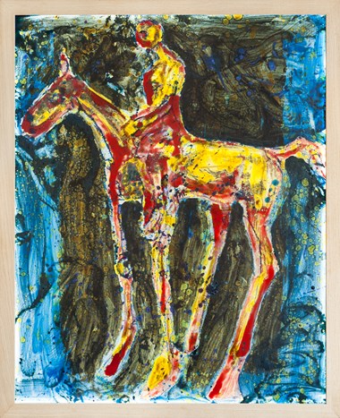 Mann på hest. Glassmaleri med eikeramme. 
130 x 81 cm